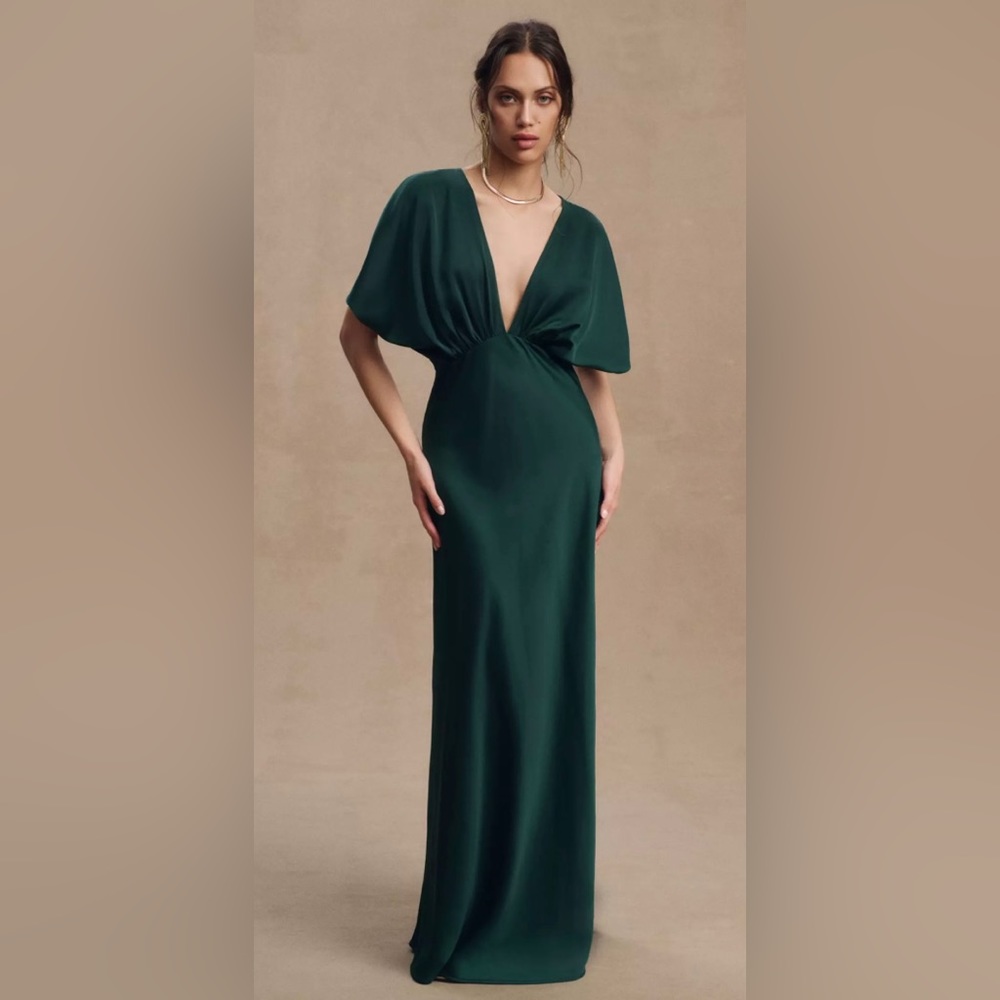BHLDN Leila Deep-V Flutter-Sleeve Satin A-Line Gown
